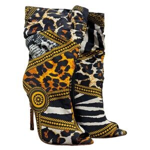 Animal Stiletto Heel Booties 6 Black Gold Chic Clubwear Peep Toe Boots Going Out